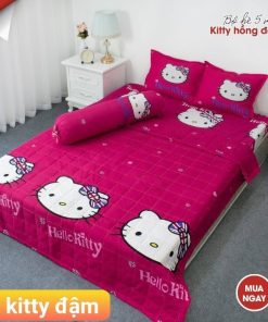 BỘ CHĂN GA GỐI COTTON POLY KITTY HỒNG ĐẬM