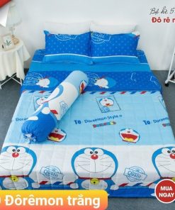 BỘ CHĂN GA GỐI COTTON POLY ĐÔ RÊ MON TRẮNG