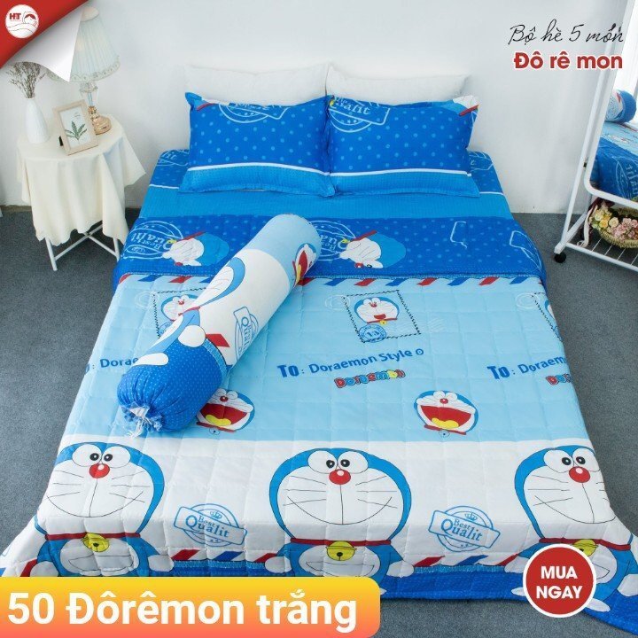 BỘ CHĂN GA GỐI COTTON POLY ĐÔ RÊ MON TRẮNG