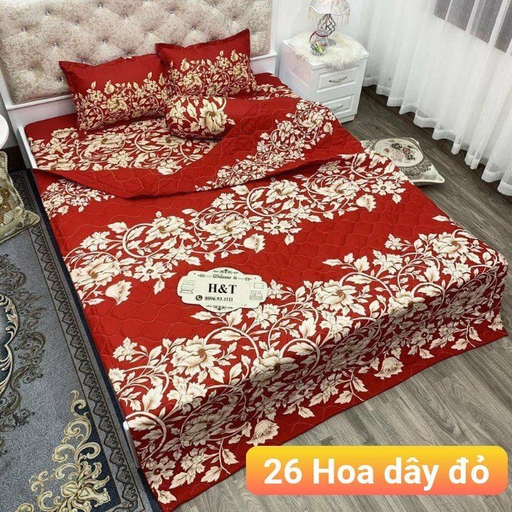 BỘ CHĂN GA GỐI COTTON POLY HOA DÂY ĐỎ